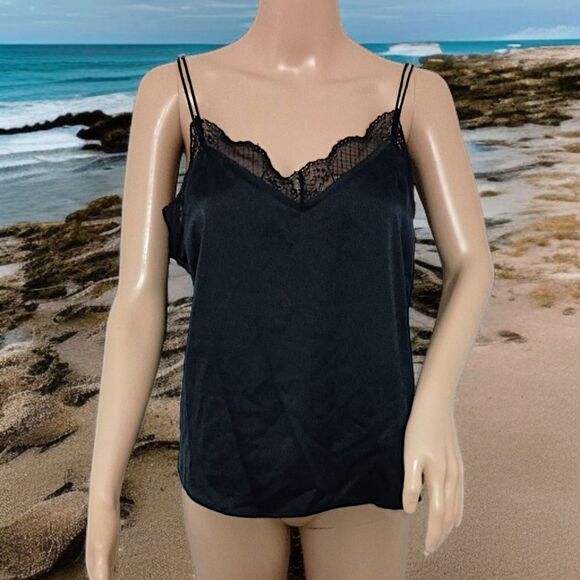 Abercrombie Fitch Tank Top M Slip Cami Black Satin Fairy Y2K Dainty Lace Witchy - Picture 1 of 16